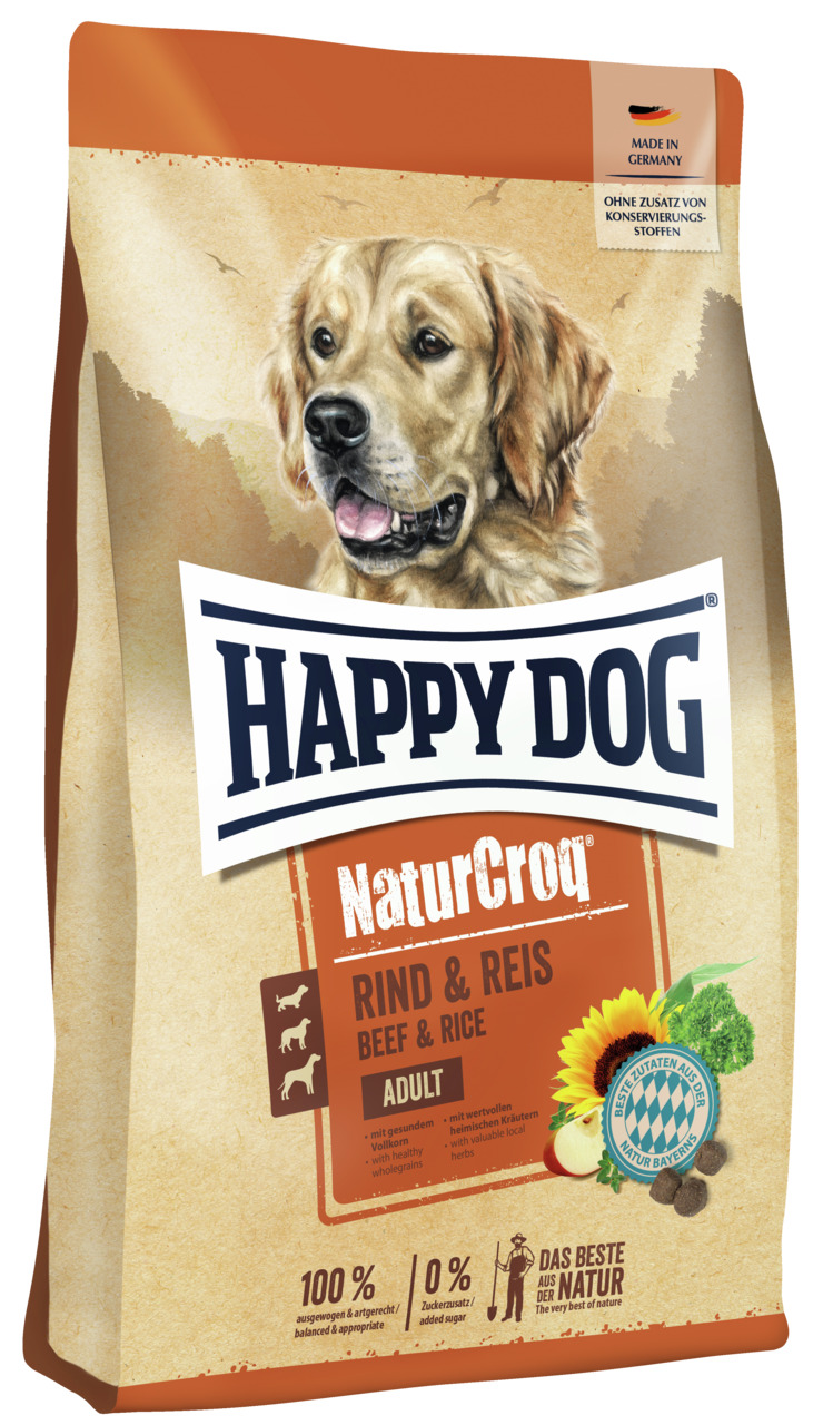 Happy Dog NaturCroq Rind & Reis, für erw. Hunde, nat. Zutaten, ohne Zucker-Konservierungsstoffe, 1 kg, Made in Germany.