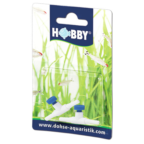HOBBY Absperrhahn, Zubehör für Aquarien, regelt Wasserfluss, 2 weiße Hähne mit blauen Knöpfen, für Aquaristik-Enthusiasten.