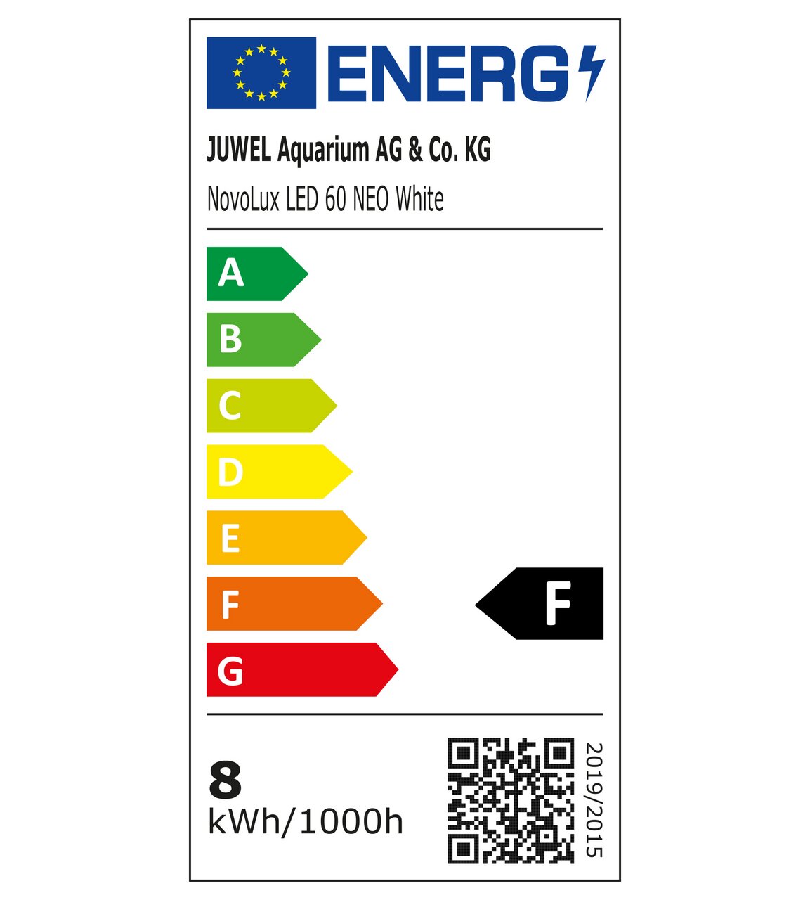 Energieeffizienzlabel für JUWEL NovoLux LED 60 NEO White mit Energieklasse F, Verbrauch 8 kWh/1000h, EU-Label 2019/2015.