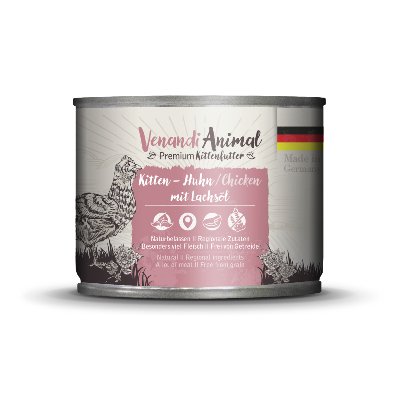 Das Bild zeigt eine Dose des Premium-Kittenfutters von Venandi Animal mit der Geschmacksrichtung Huh