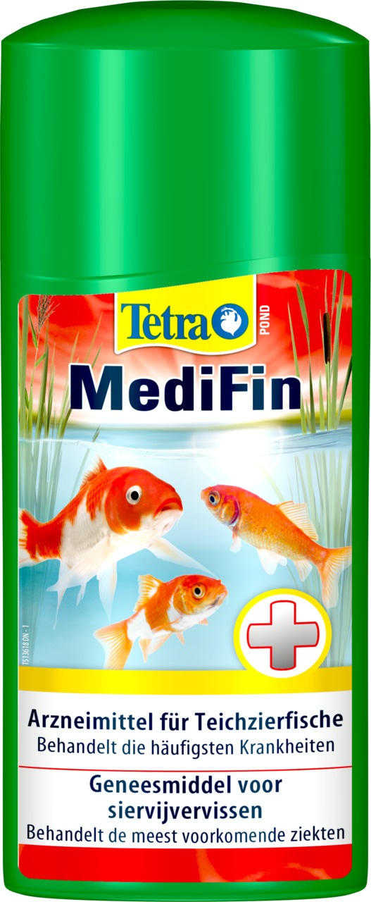 Tetra Pond MediFin, Arzneimittel f. Teichzierfische, behandelt häufigste Krankheiten bei Zierfischen, Etikett: 3 Fische+rotes Kreuz.