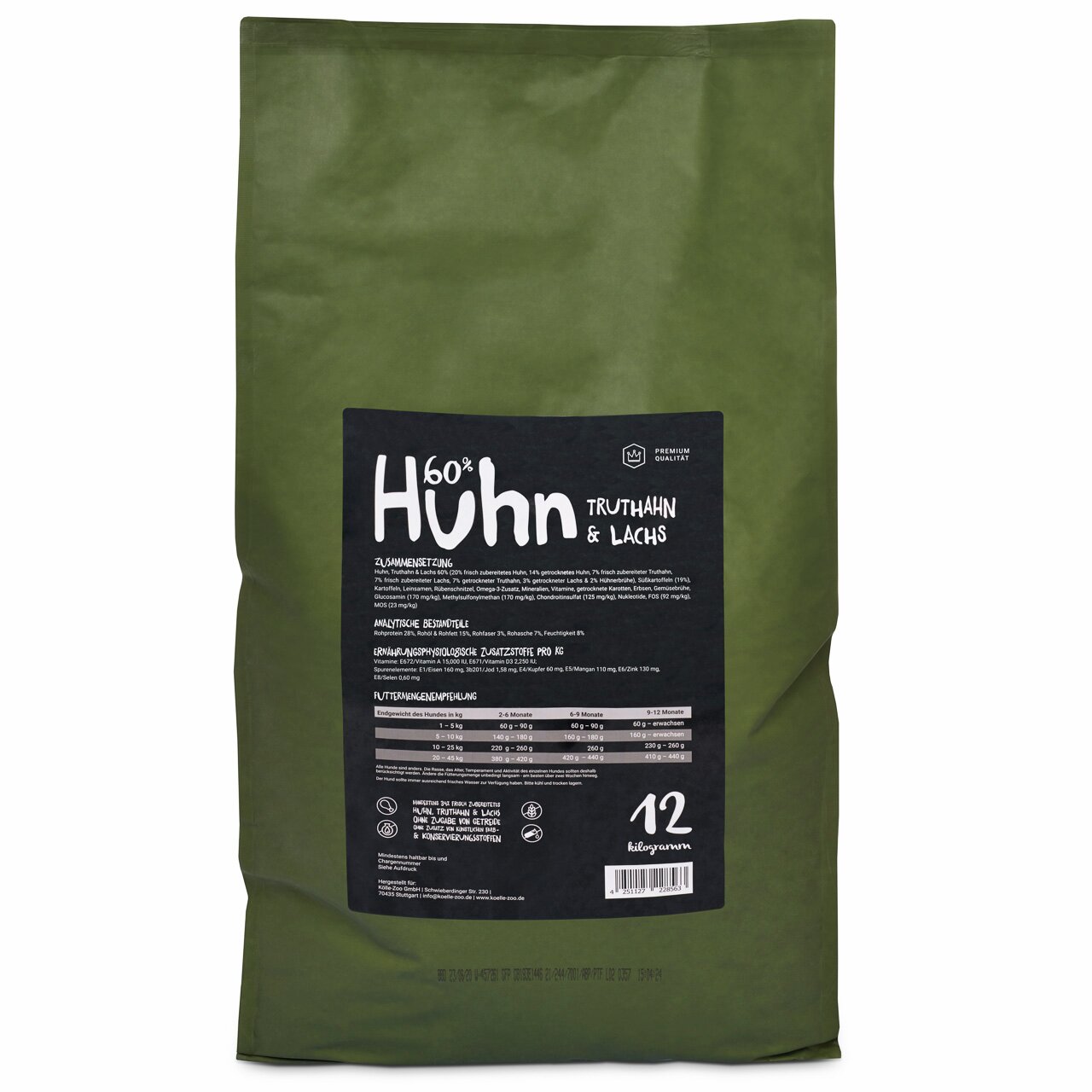 Trockenfutter für Hunde, Marke Lottis Häppchen, 60 % Huhn, Truthahn & Lachs, Premium-Qualität, 12 kg Beutel.
