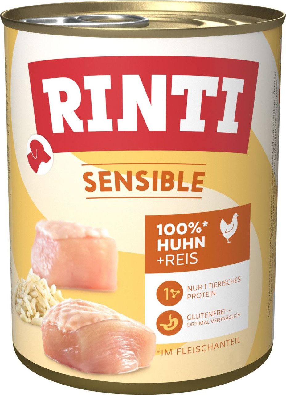 Das Bild zeigt eine Dose Hundefutter der Marke RINTI aus der Produktlinie "Sensible". Es handelt sich um die Sorte "100% Huhn + Reis", die speziell für ernährungssensible Hunde entwickelt wurde. Die Rezeptur enthält nur eine tierische Proteinquelle und is