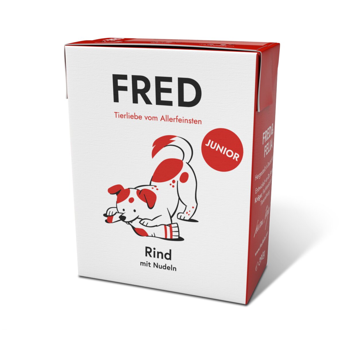 FRED Junior Hundefutter für junge Hunde, Rind mit Nudeln, Tierliebe vom Allerfeinsten, Faltschachtel mit Hundegrafik.