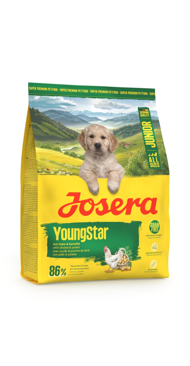 Josera Youngstar Hundetrockenfutter, für Welpen, Geschmacksrichtung Huhn & Kartoffel, 86% tierisches Protein, 15 kg.