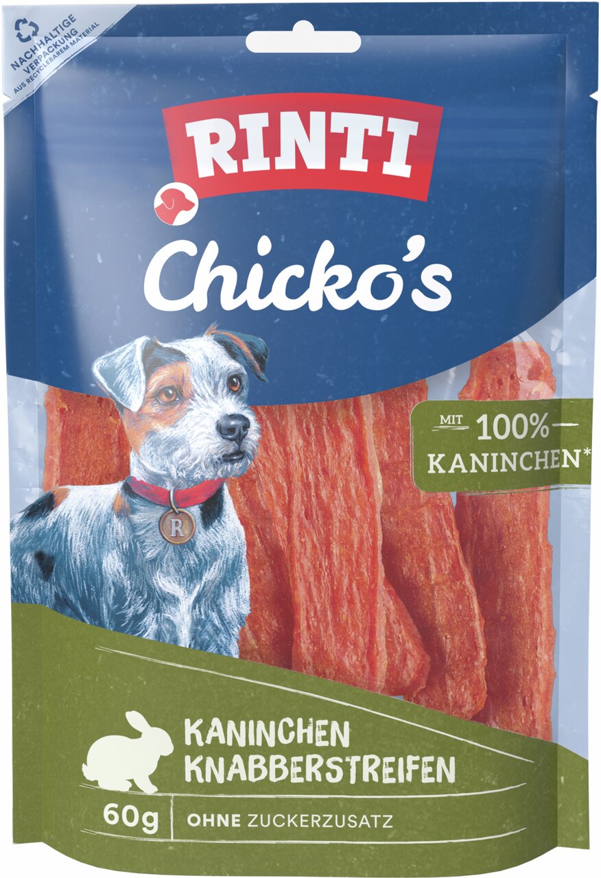 RINTI Chicko’s Kaninchen Knabberstreifen, Snack f. Hunde, 60 g, 100 % Kaninchenfleisch, ohne Zucker, natürl. Geschmack, hohe Qualität.