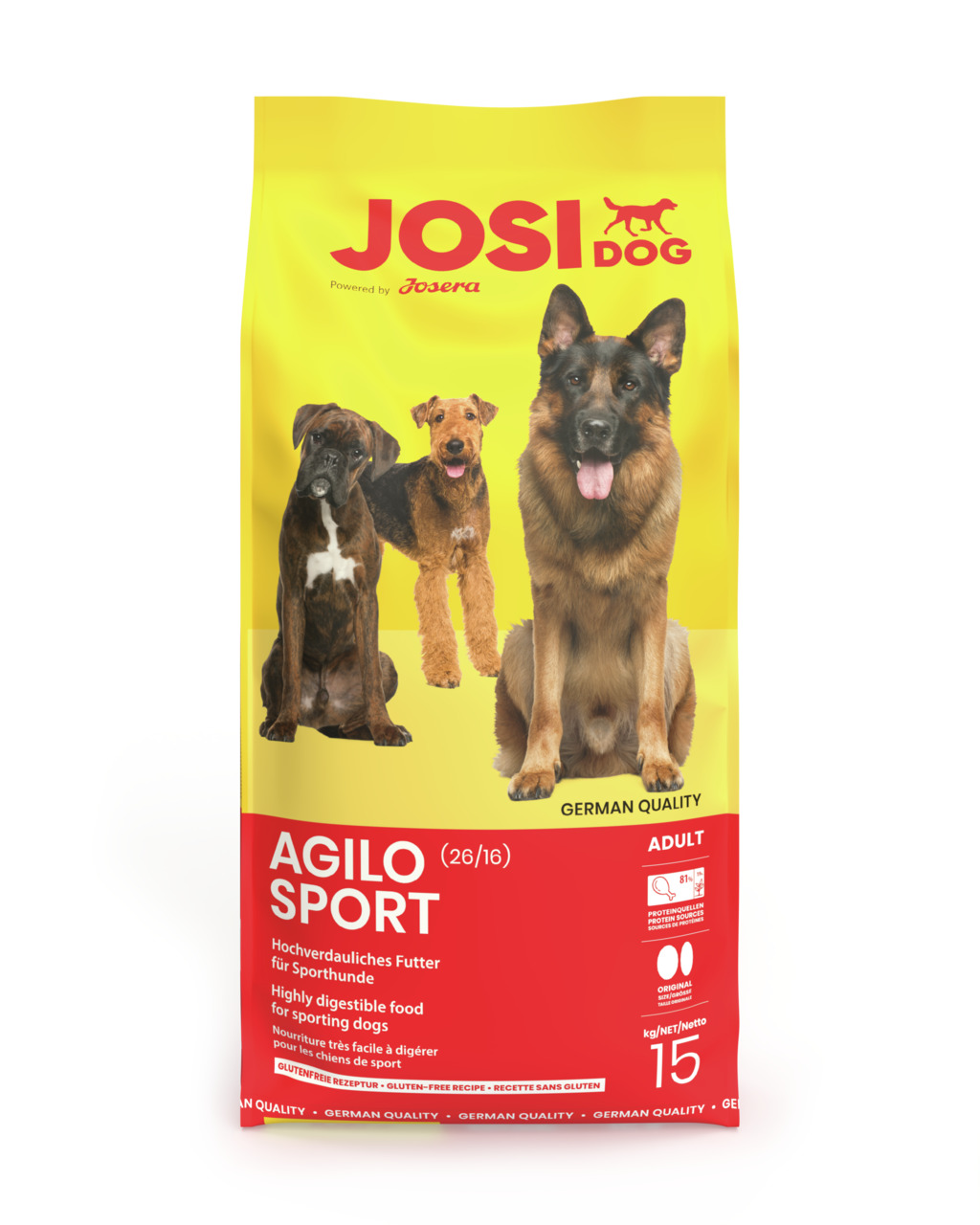 Josera JosiDog Agilo Sport, Hundefutter f. sportl. Hunde, glutenfrei, 15 kg, hochverdauliche Rezeptur, Geschmacksrichtung nicht angegeben.