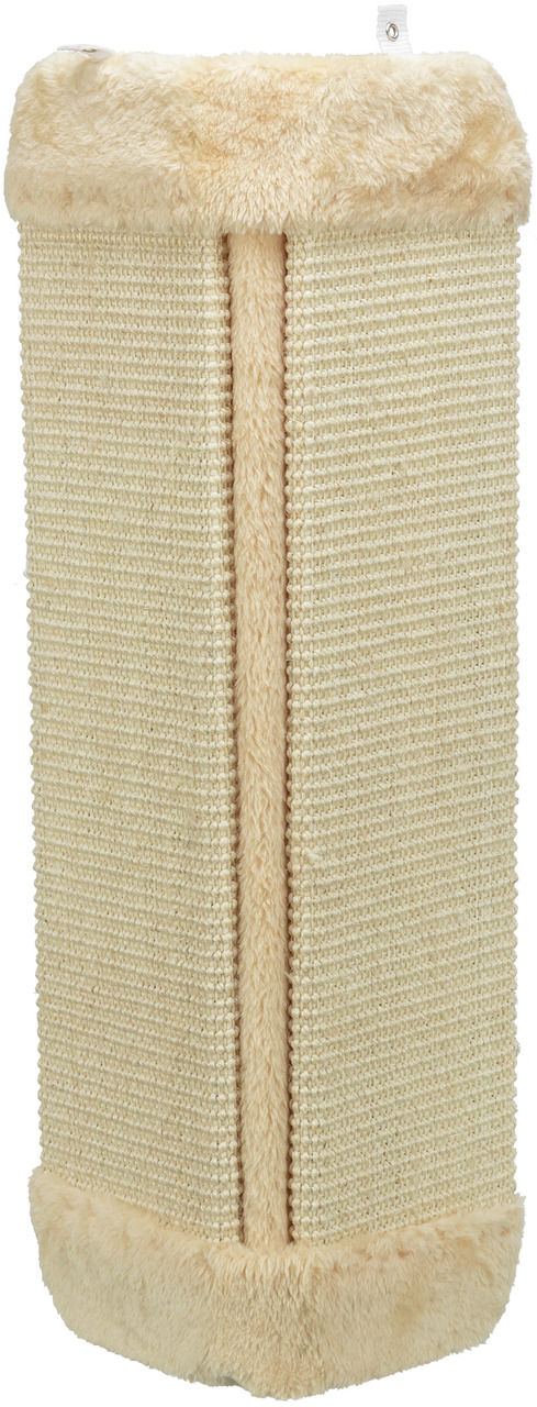Beige Kratzmatte von TRIXIE für Katzen, geeignet zur Befestigung an Ecken oder Wänden. Hergestellt aus robustem Sisal mit weichen Plüschkanten für zusätzlichen Komfort. Ideal für Katzen zum Krallenwetzen und zur Schonung von Möbeln. Maße und Befestigungsm
