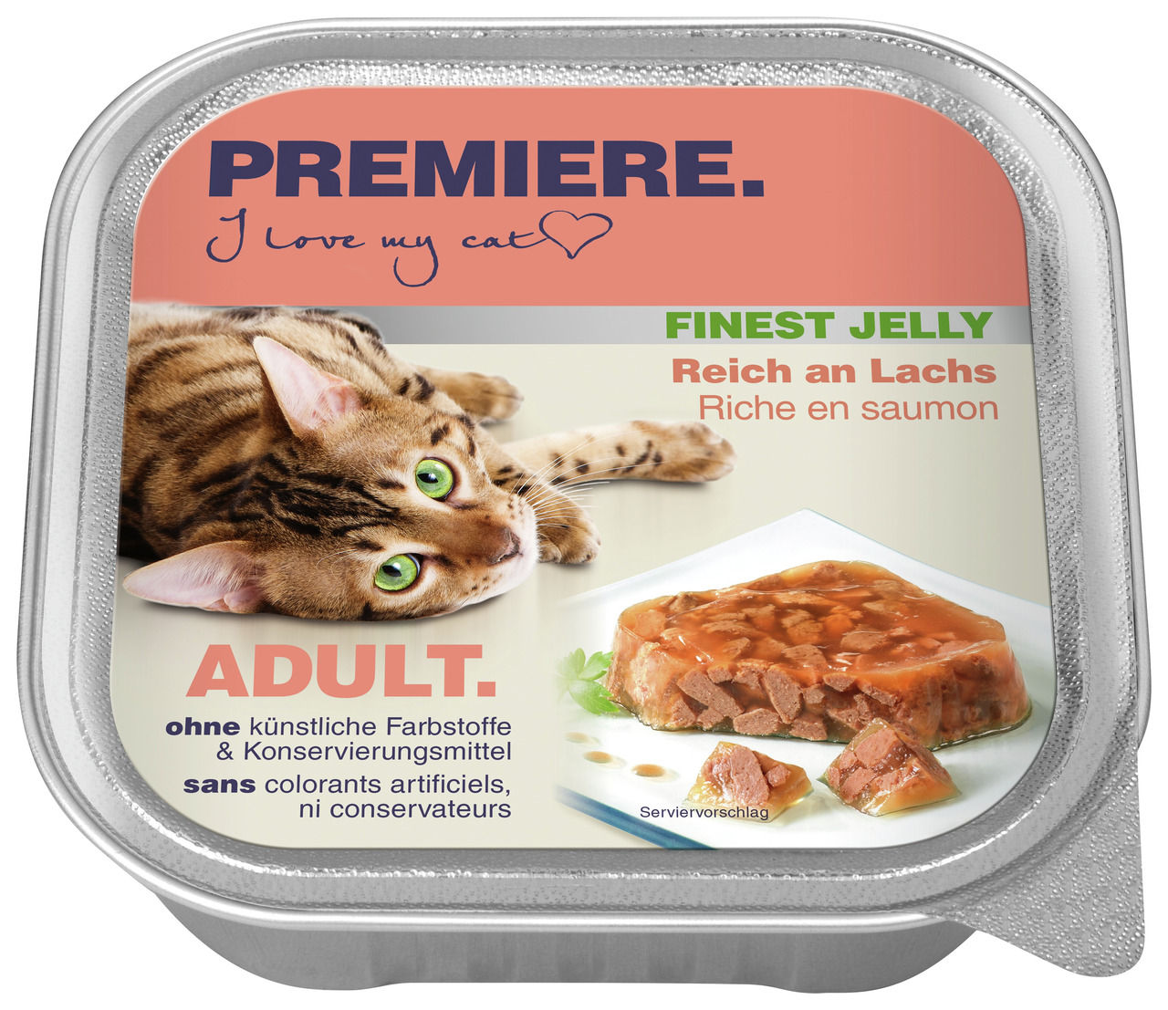 Das Bild zeigt eine Verpackung des Katzenfutters "PREMIERE Finest Jelly Reich an Lachs" für erwachsene Katzen (Adult). Die Geschmacksrichtung ist Lachs, und das Produkt enthält keine künstlichen Farbstoffe oder Konservierungsmittel. Auf der Verpackung ist