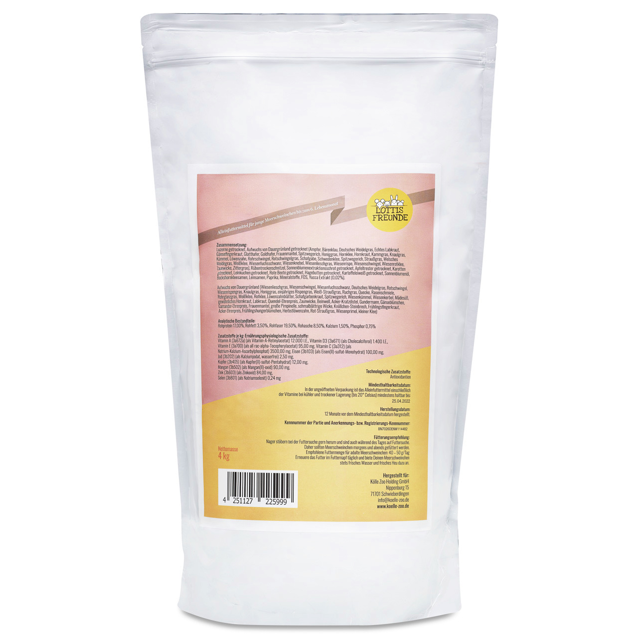 Lottis Freunde Hundefutter, 4 kg, hochwertig, speziell für Hunde, mit Angaben zu Inhaltsstoffen, Bestandteilen & Fütterungsempfehlungen.