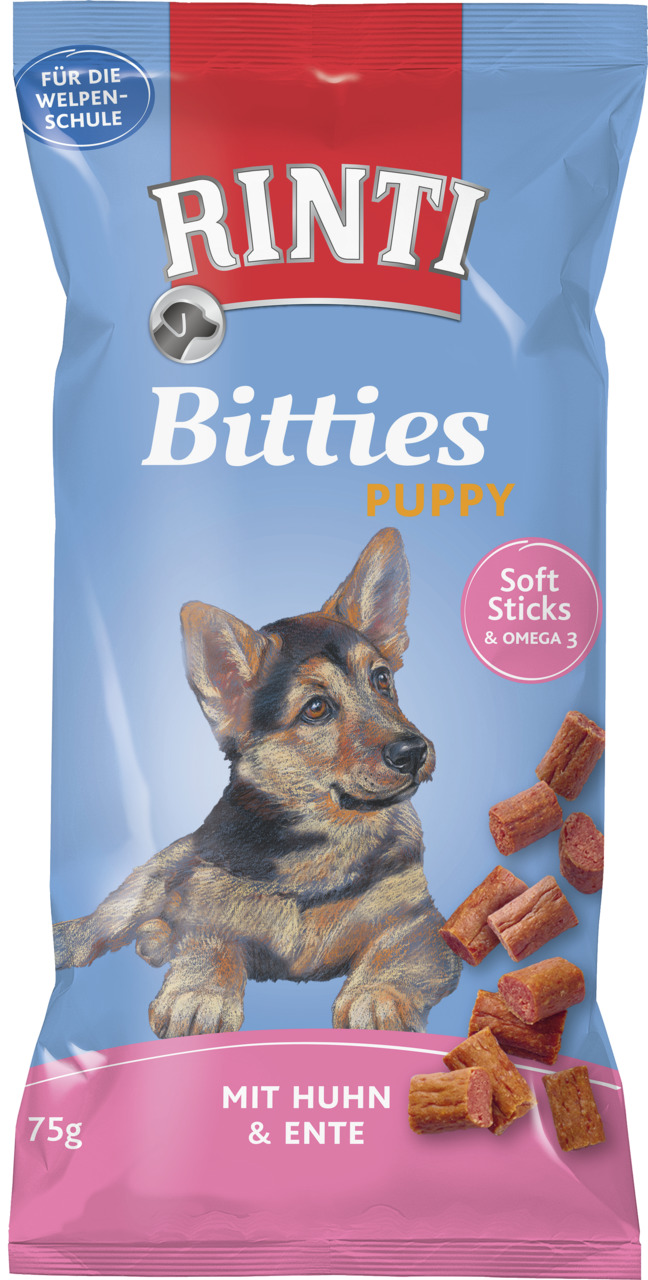 RINTI Bitties Puppy, 75g, weiche Snacks für Welpen, Huhn & Ente, „Für die Welpenschule“, „Soft Sticks & Omega 3“.