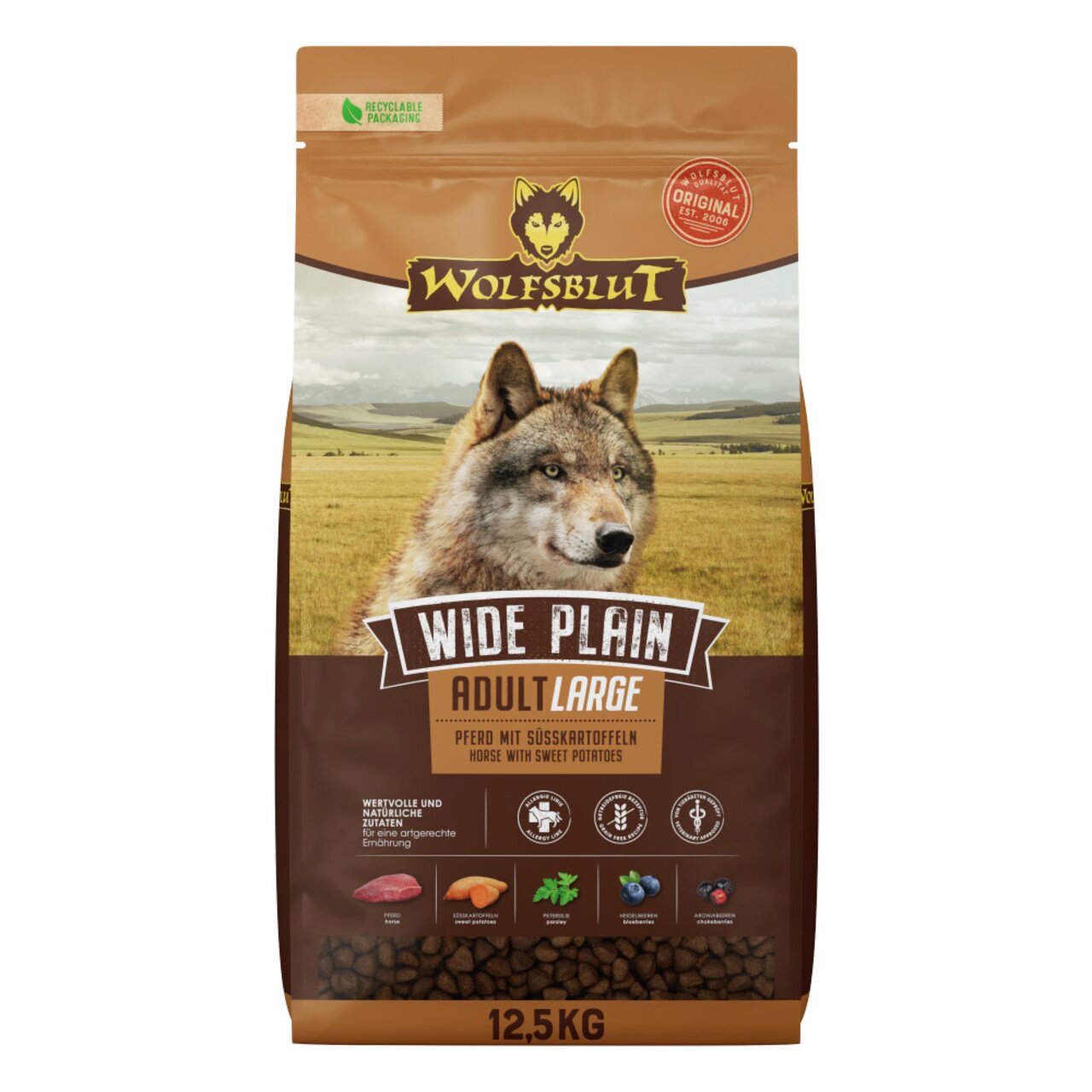 WOLFSBLUT Wide Plain Adult Large, Hundefutter, Geschmack Pferd mit Süßkartoffeln, 12,5 kg, natürliche Zutaten, recyclebare Verpackung.