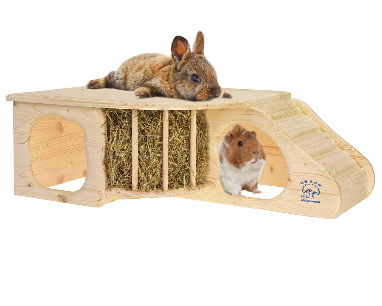 Resch Naturholzhaus f. Kleintiere, Kaninchen & Meerschweinchen, unbehandelt, m. Heuraufe, 2 Eingänge, Dach nutzbar.