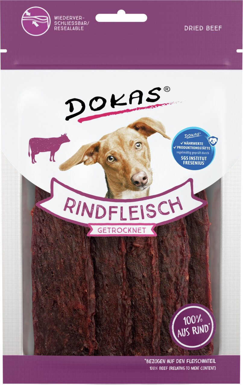 DOKAS Rindfleisch-Snack f. Hunde, 100 % Rind, geprüft v. SGS Fresenius, wiederverschließbar, ca. 70 g, lila-weiße Verpackung.