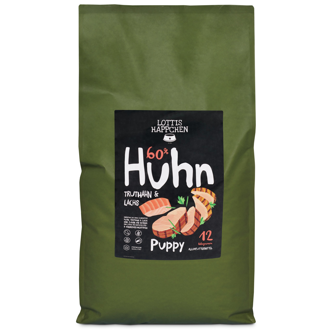 Lottis Häppchen Puppy, 60 % Huhn, Truthahn & Lachs, Alleinfutter für Welpen, 12 kg.