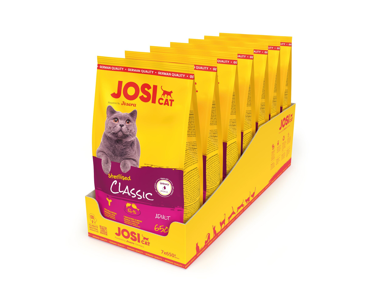Das Bild zeigt eine gelbe Verpackung des Katzenfutters „JosiCat Sterilised Classic“ der Marke Josera, speziell für sterilisierte erwachsene Katzen. Die Geschmacksrichtung ist nicht angegeben. Die Verpackungseinheit beträgt 7 x 650 g. Auf der Verpackung wi