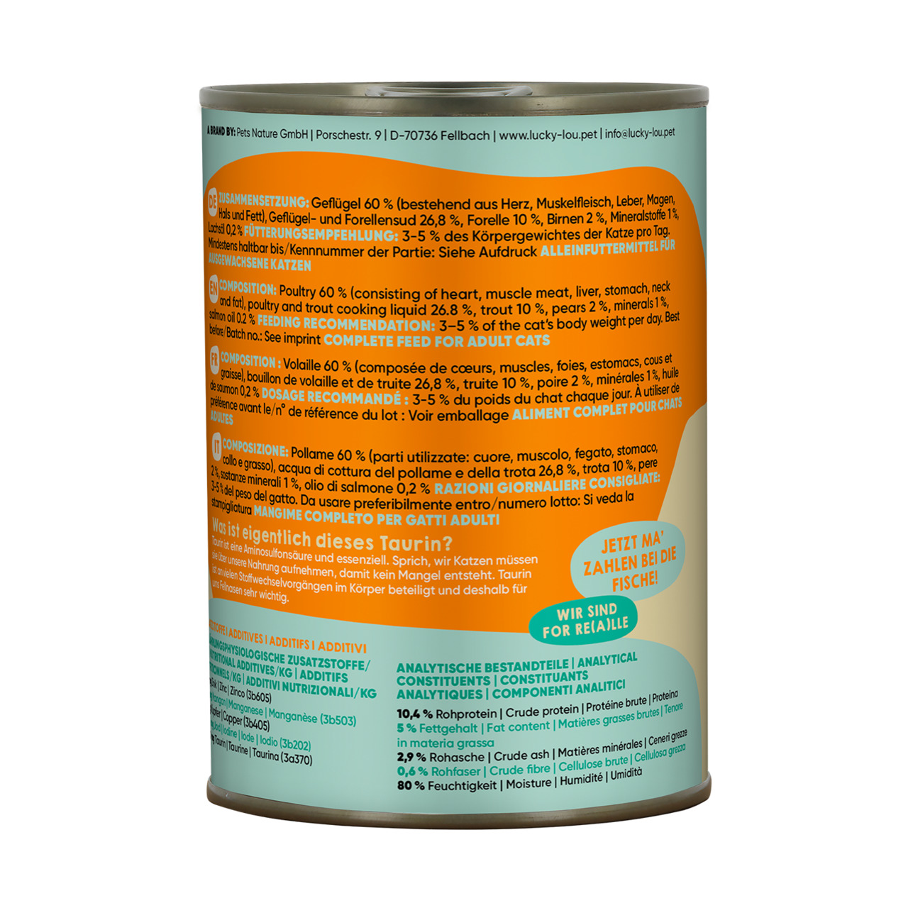 Lucky Lou Katzenfutter, Alleinfutter für ausgewachsene Katzen, Geflügel & Forelle, 200 g.