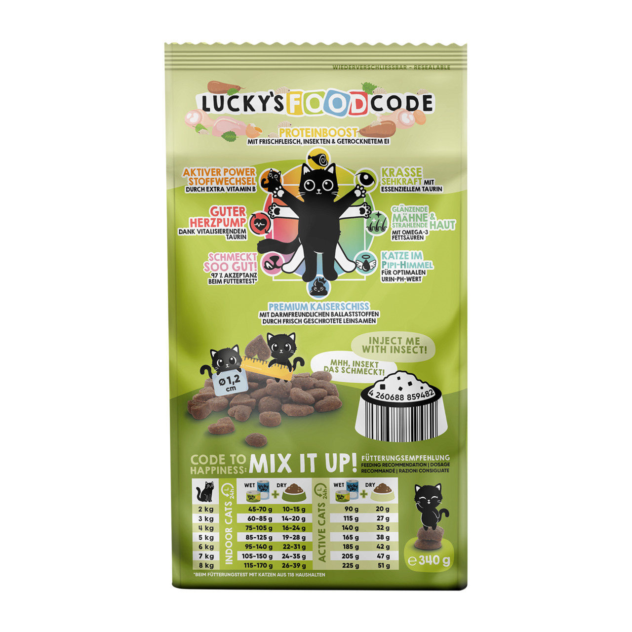 Lucky's Food Code, Premium-Trockenfutter f. aktive Katzen, Geschm.: Insekt+Fleisch+Ei, 340 g, Proteinboost, Omega-Fette, Taurin.