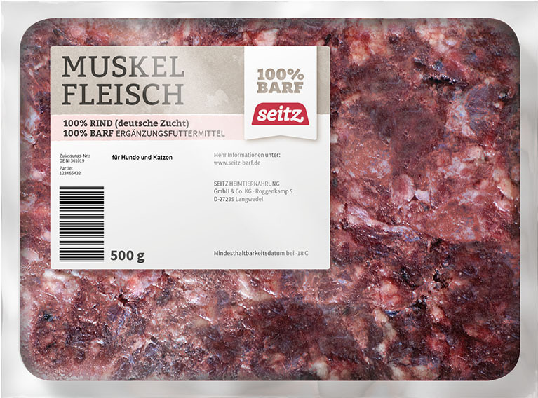 Seitz Muskelfleisch, Ergänzungsfutter f. Hunde/Katzen, 100 % Rind, BARF-geeignet, 500 g tiefgefroren, aus dt. Zucht.