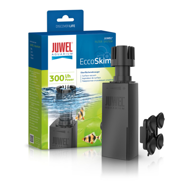 Das Bild zeigt den JUWEL EccoSkim Oberflächenabsauger, ein Produkt für Aquarienbesitzer. Die Verpackung hebt die Marke JUWEL hervor und beschreibt das Gerät als leistungsstark mit einer Kapazität von 300 Litern pro Stunde. Es ist für die Reinigung der Was