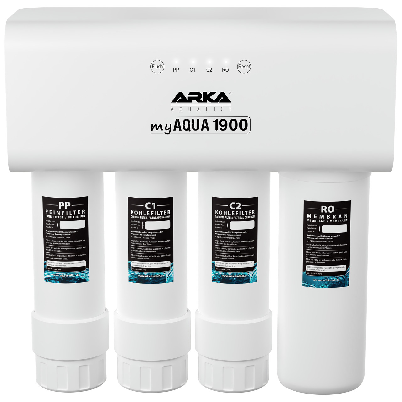 ARKA Aquatics myAqua 1900 Umkehrosmose-System, Wasserfilter f. Süß--Meerwasseraquarien, 4 Filter, kompakt, weiß, hochwertig.