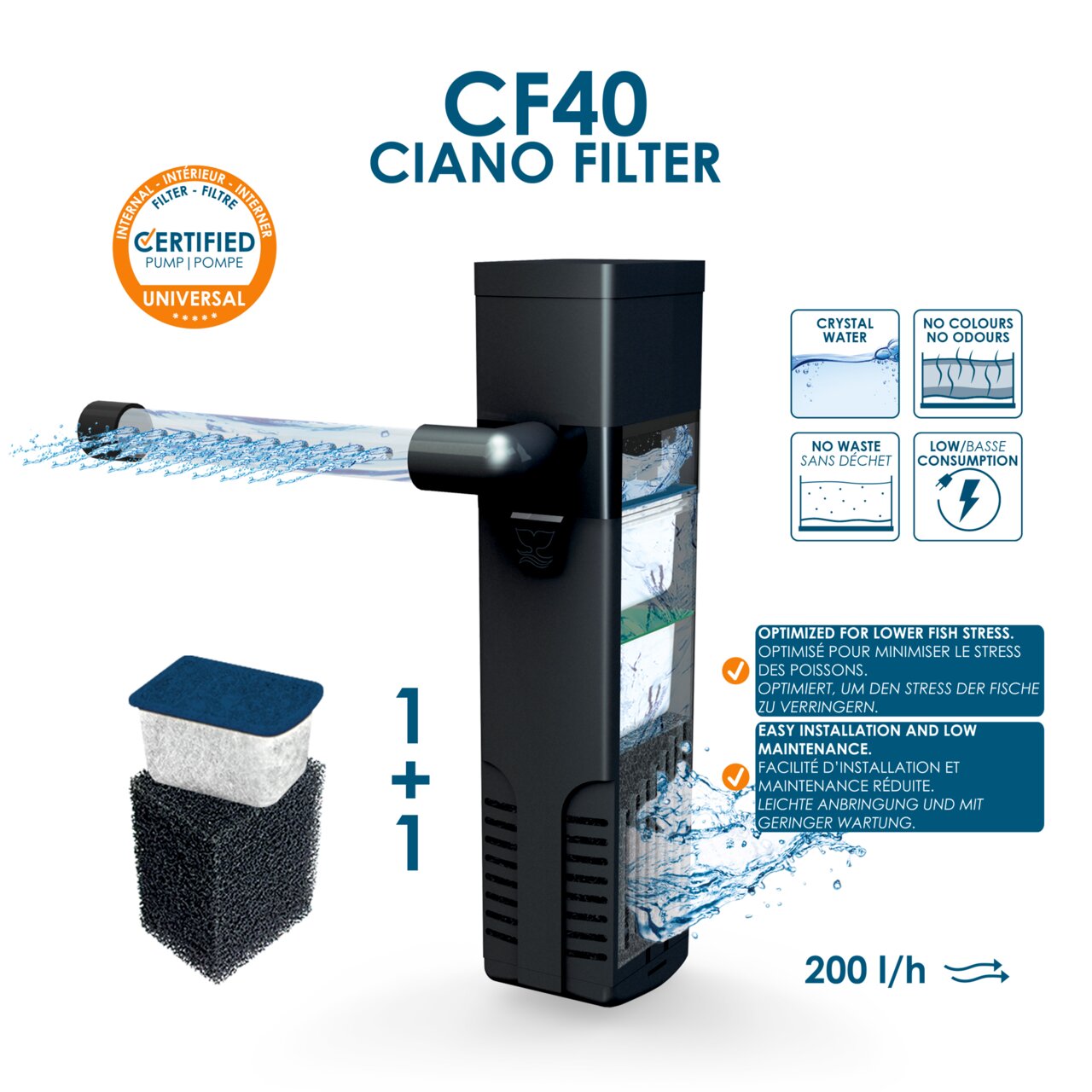 Ciano CF40 Innenfilter für Aquarienfische, 200 l-h, kristallklares Wasser, geruchsarm, stromsparend, einfache Pflege.