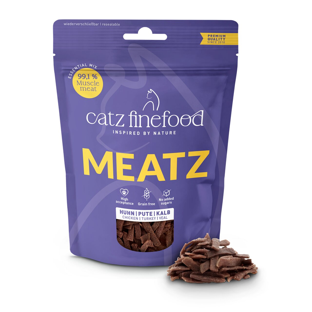 Wiederverwendbare Verpackung von Catz finefood Meatz, Huhn, Pute, Kalb, 99,1 % Muskelfleisch, getreidefrei, 45 g, für Katzen.