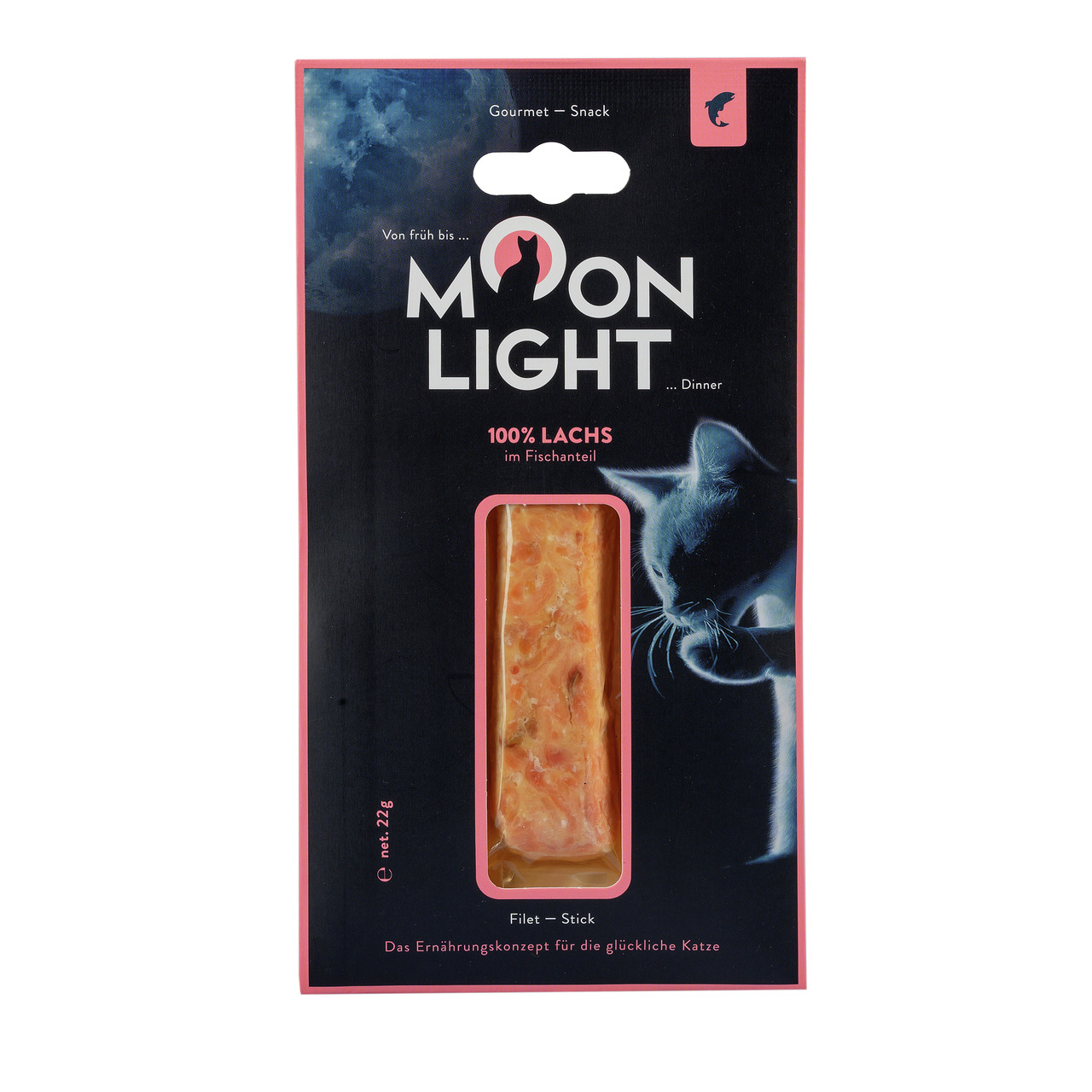 Moonlight Dinner, Gourmet-Snack für Katzen, 100 % Lachs, Filet-Stick 22 g, „Das Ernährungskonzept für die glückliche Katze“.