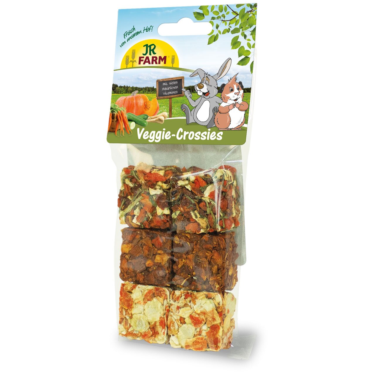 JR FARM Veggie-Crossies für Nager, mit Gemüsegeschmack, natürliche Vitamine, Inhalt 140 g, ideal als gesunde Knabberei.