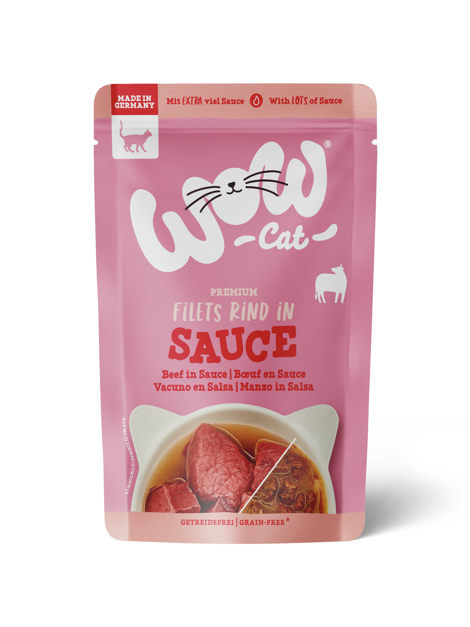 WOW CAT Premium Filets Rind in Sauce, 85 g, für Katzen, getreidefrei, extra viel Sauce, „Made in Germany“.