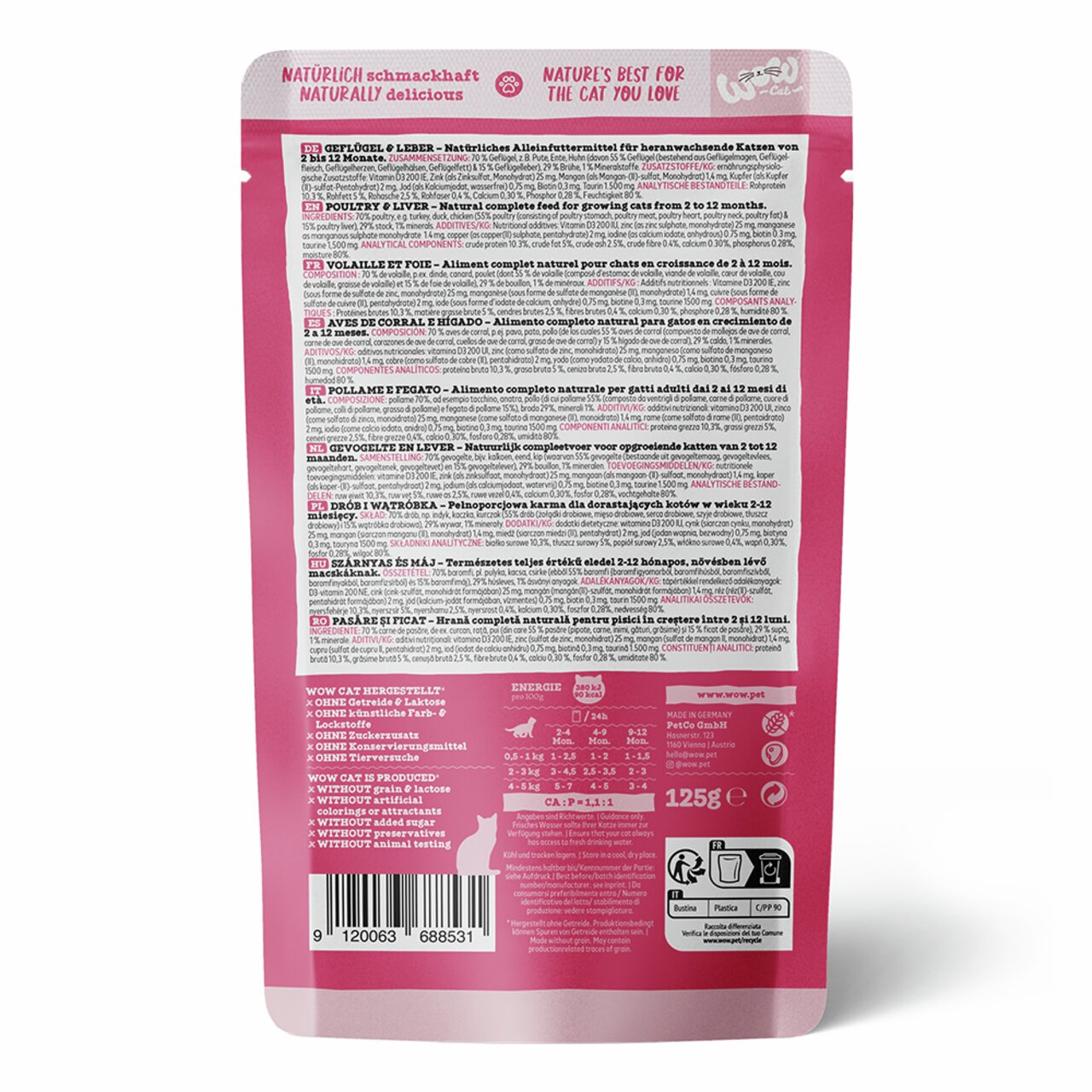 WOW CAT – Geflügel & Leber, Alleinfutter f. Katzen (2-12 Mon.), 125 g, getreidefrei, ohne Laktose, Farb--Lockstoffe, Konservierungsmittel.