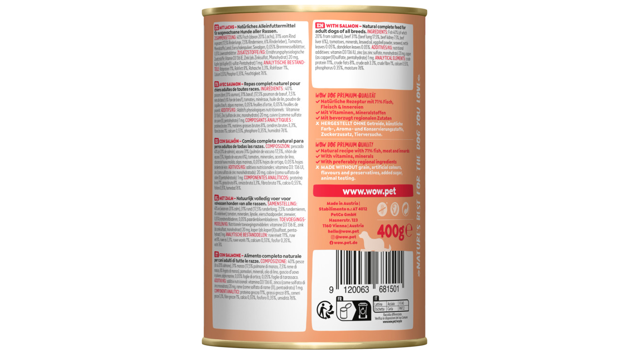 WOW DOG Hundefutter Lachs, 400 g, für ausgewachsene Hunde, 71 % Fisch & Innereien, ohne Getreide, künstl. Farb-/Aromastoffe.