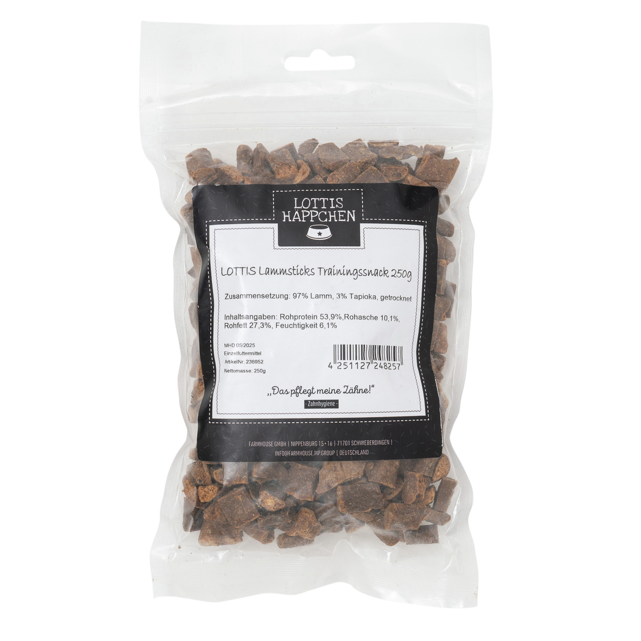 LOTTIS HÄPPCHEN Lammsticks Trainingssnack, 250 g, für Hunde, Geschmack Lamm, 97 % Lamm, „Das pflegt meine Zähne!“.