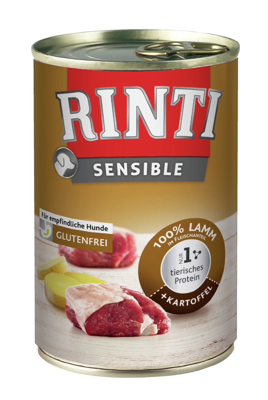 RINTI Sensible Hundefutter, Lamm & Kartoffel, für empfindl. Hunde, glutenfrei, 100 % Lamm, nur tier. Protein, 400 g.