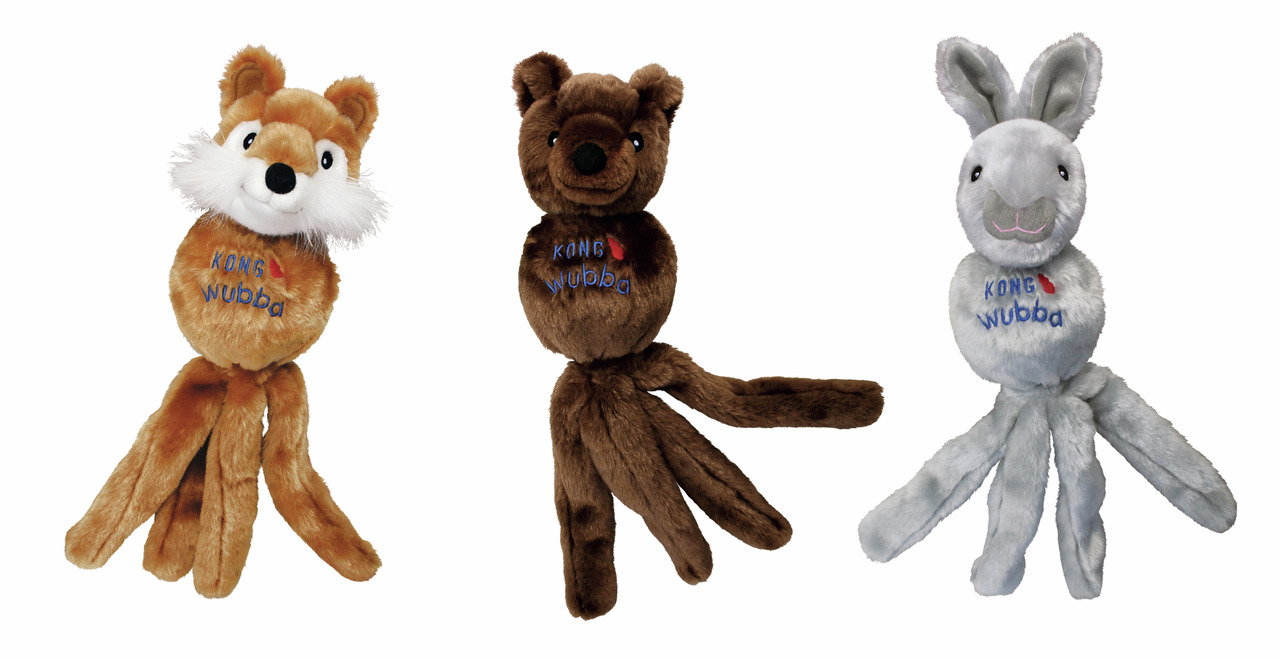 KONG Wubba Friends Plüschspielzeuge für Hunde, Fuchs-Bär-Hase, weiches Material, lange Schwänze, zum Kauen-Werfen.