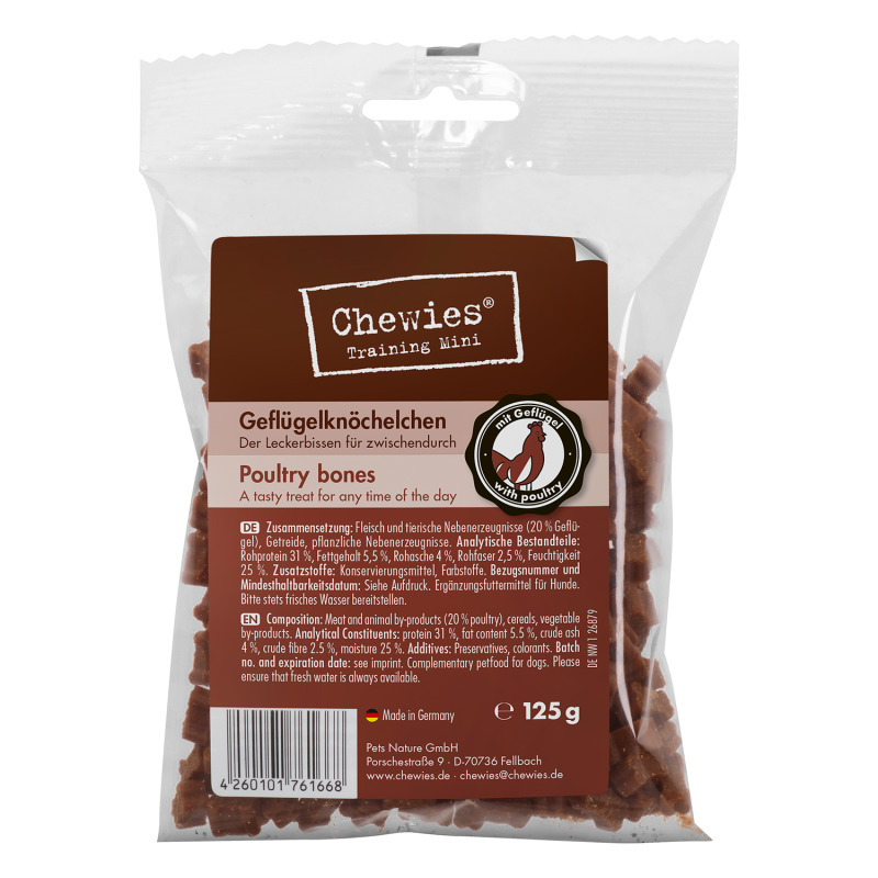 Chewies Training Mini Geflügelknöchelchen, Hundesnack, Geflügelgeschmack, 125 g, für alle Rassen, hergestellt in Deutschland.