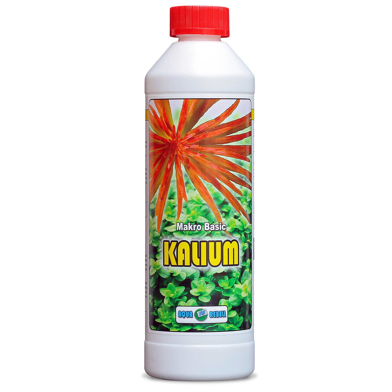 Aqua Rebell Makro Basic Kalium, für Aquarienpflanzen, erhöht Kaliumgehalt, 500 ml, rote Pflanze & grüne Blätter auf Etikett.