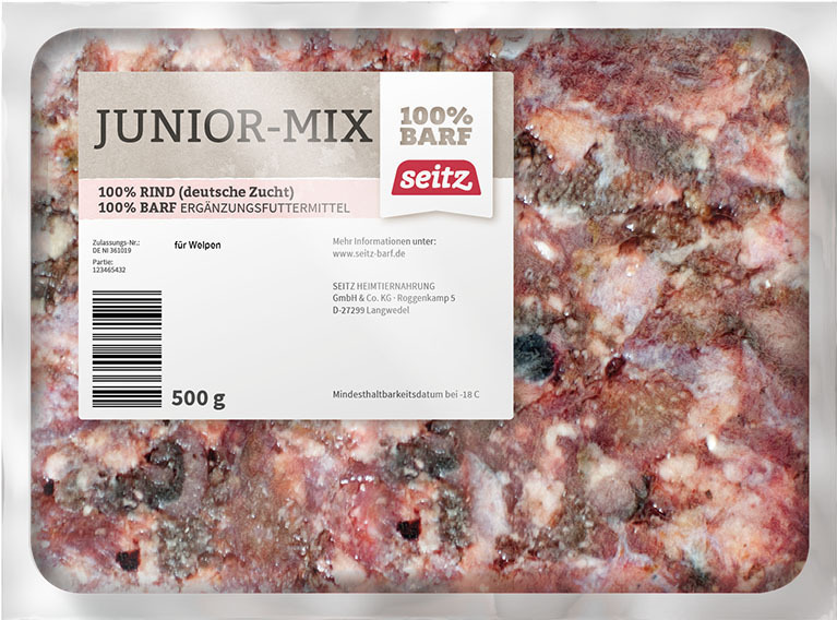 Seitz Junior-Mix, Ergänzungsfutter für Welpen, 100 % Rind, BARF, 500 g, tiefgekühlt, artgerechte Ernährung.