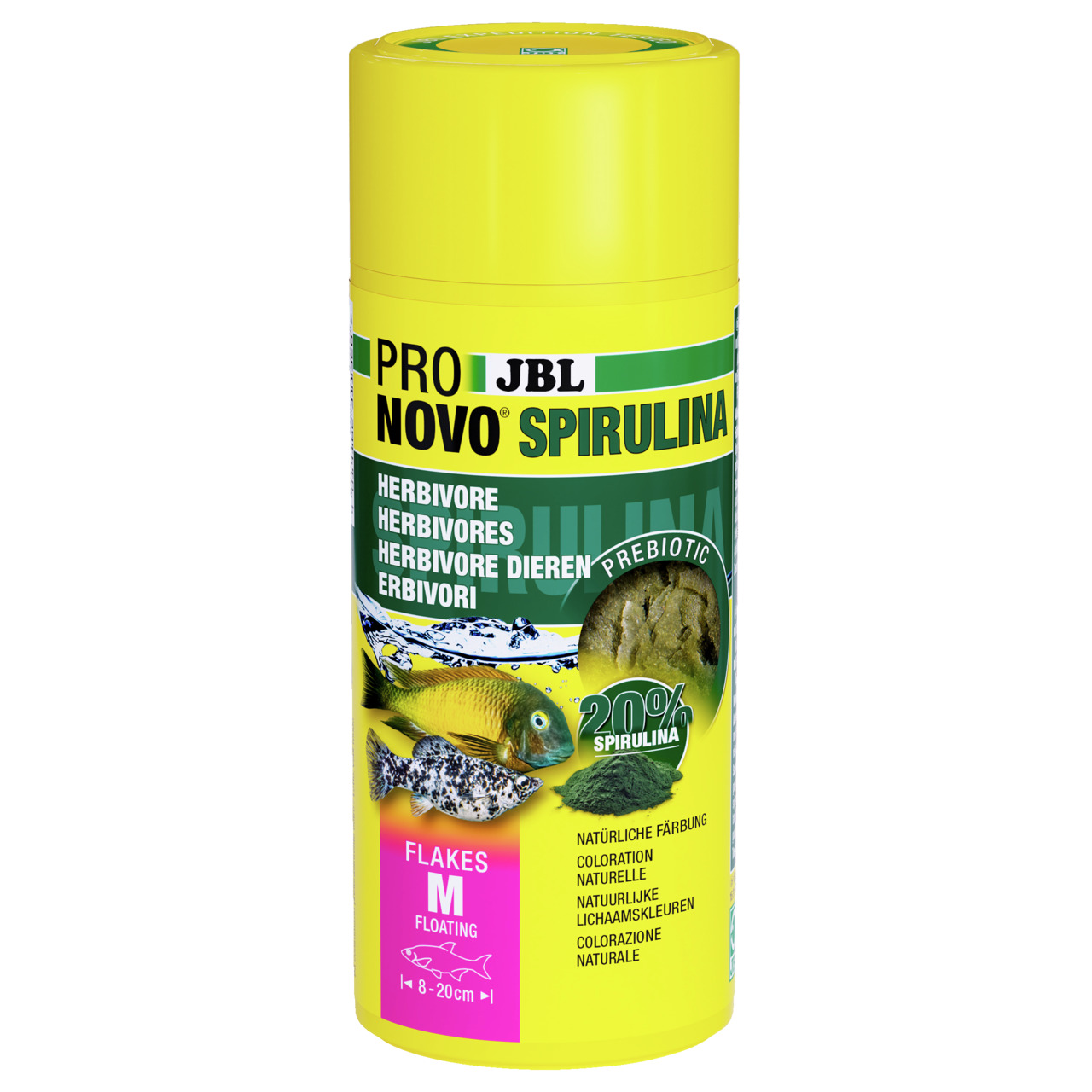JBL ProNovo Spirulina Flakes M, für Zierfische (8–20 cm), 20 % Spirulina, fördert natürliche Färbung, Menge nicht sichtbar.