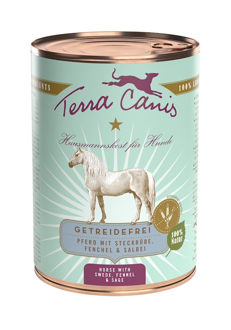 Terra Canis Hausmannskost Nassfutter für Hunde, getreidefrei, Pferd, Steckrübe, Fenchel & Salbei, 400 g, „100 % Natur“.