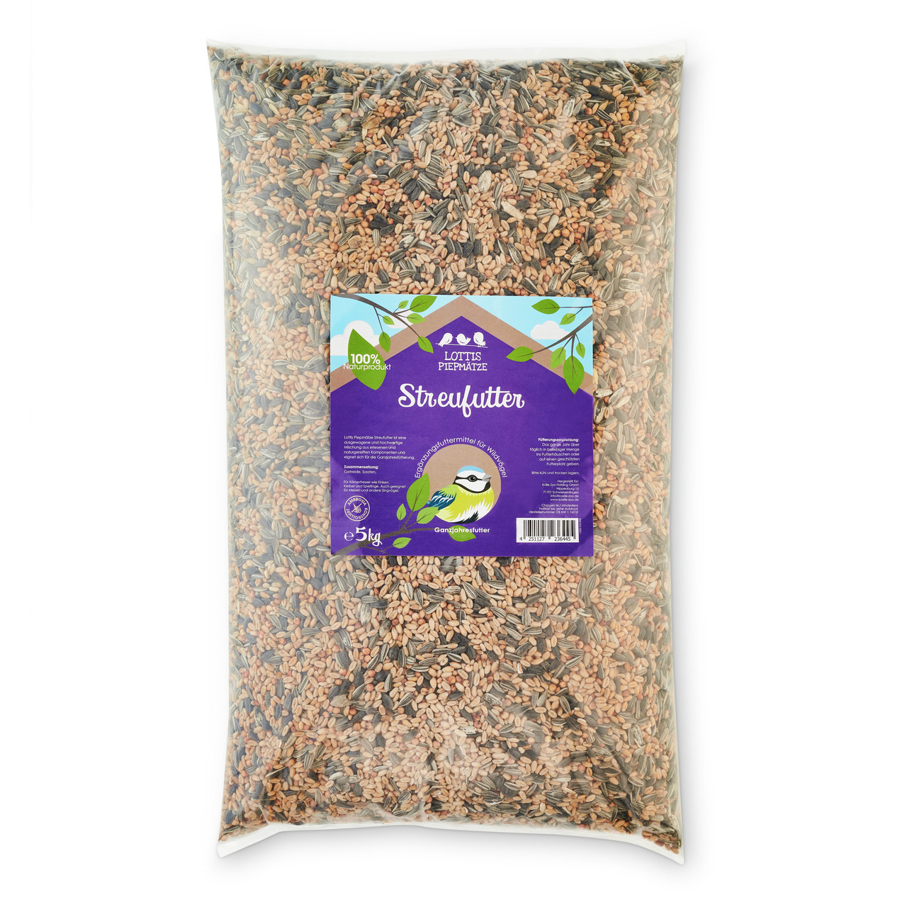Lottis Piepmätze Streufutter, 5 kg, für Wildvögel, 100 % natürliche Zutaten, ideal für Ganzjahresfütterung.