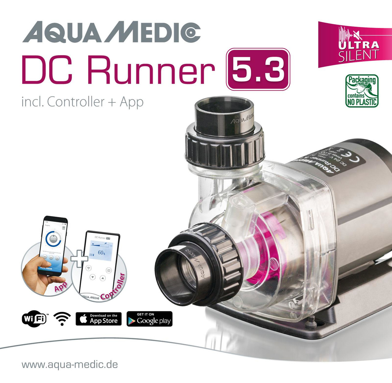 Aqua Medic DC Runner 5.3: leise Förderpumpe f. Aquarien, inkl. Controller+App (iOS/Android), plastikfreie Verpackung, präzise Steuerung.
