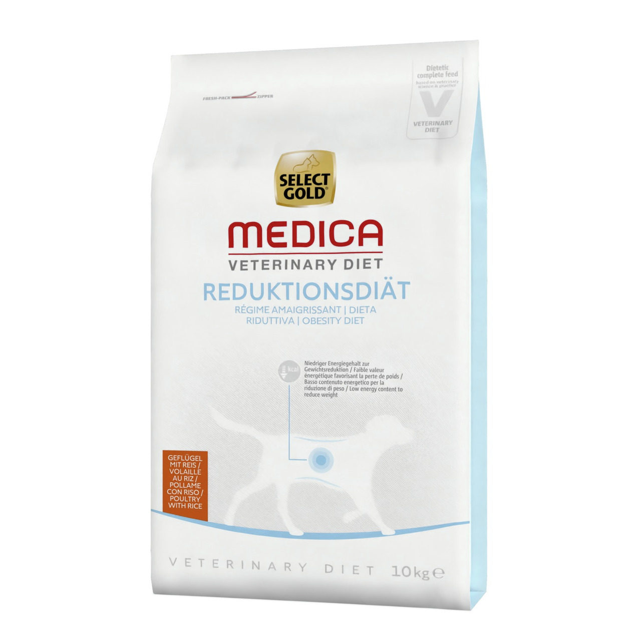Select Gold Medica Veterinary Diet Reduktionsdiät, 10 kg, für Hunde, Geflügel mit Reis, niedriger Energiegehalt, zur Gewichtsreduktion.