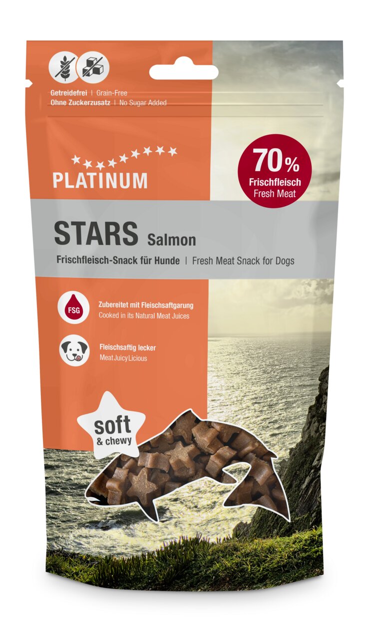 PLATINUM Stars Salmon: Frischfleisch-Snack für Hunde mit 70 % Lachs, getreidefrei, fleischsaftig, soft & chewy, 300 g.