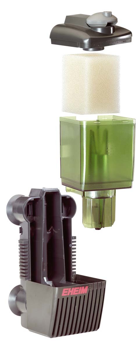 Das Bild zeigt den EHEIM Innenfilter aquaball 60, ein hochwertiges Filtersystem für Aquarien bis 60 Liter. Es besteht aus einem modularen Aufbau mit einem Schwammfilter, einem grünen Filterbehälter und einer schwarzen Basis mit Saugnäpfen zur Befestigung.