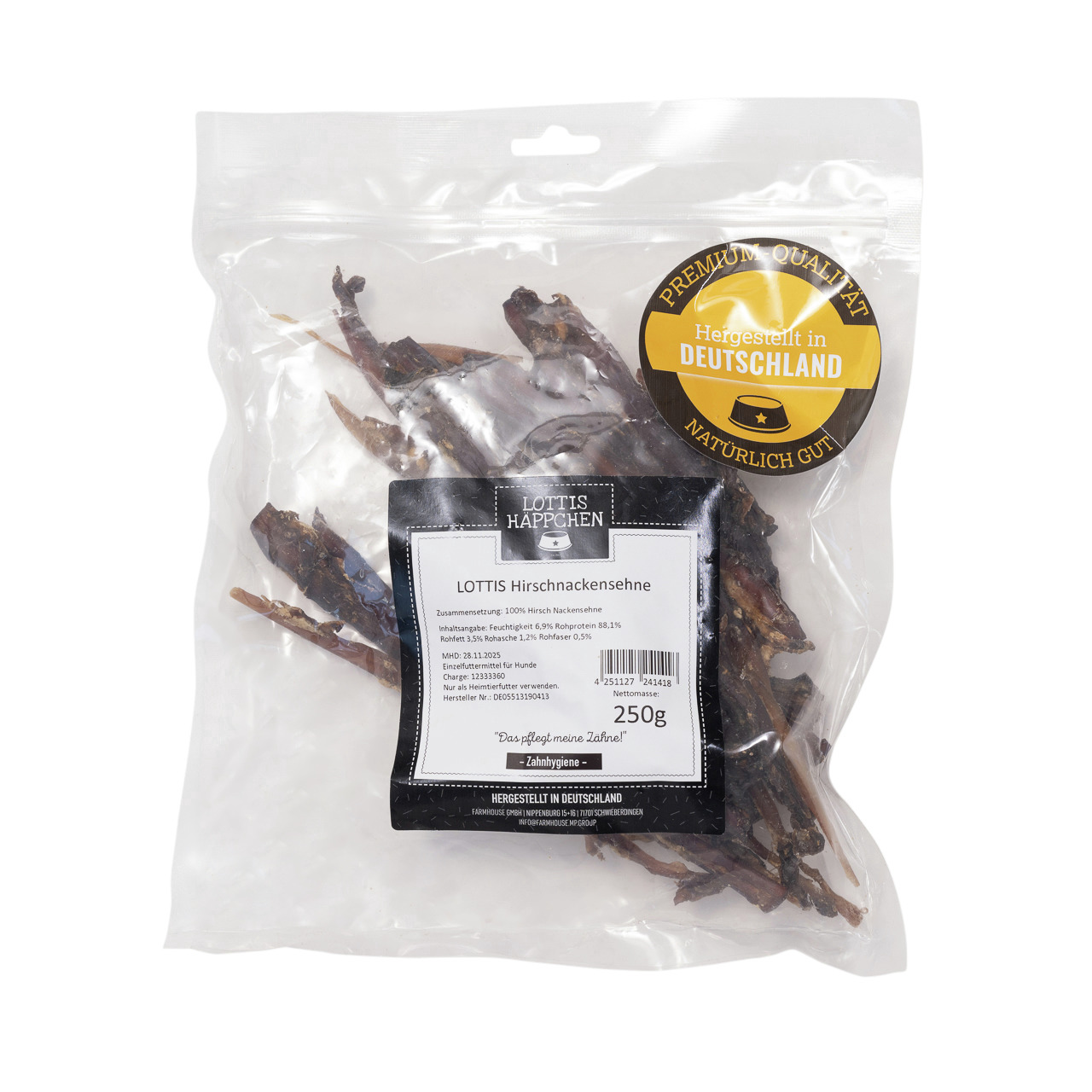 Das Bild zeigt eine transparente Verpackung des Produkts „LOTTIS HÄPPCHEN Hirschnackensehne“ der Marke LOTTIS HÄPPCHEN. Es handelt sich um einen natürlichen Kausnack für Hunde, hergestellt in Deutschland. Die Packung enthält 250 g und trägt das Siegel „Pr