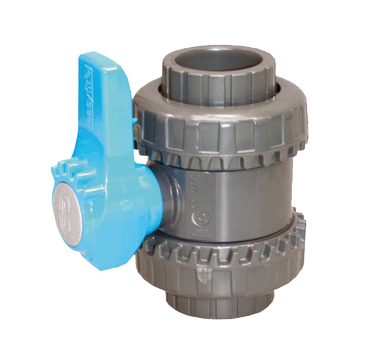 Grauer PVC-Kugelhahn der Marke Effast mit blauem Hebelgriff, geeignet für Rohrsysteme. Funktionale Anschlüsse sichtbar.