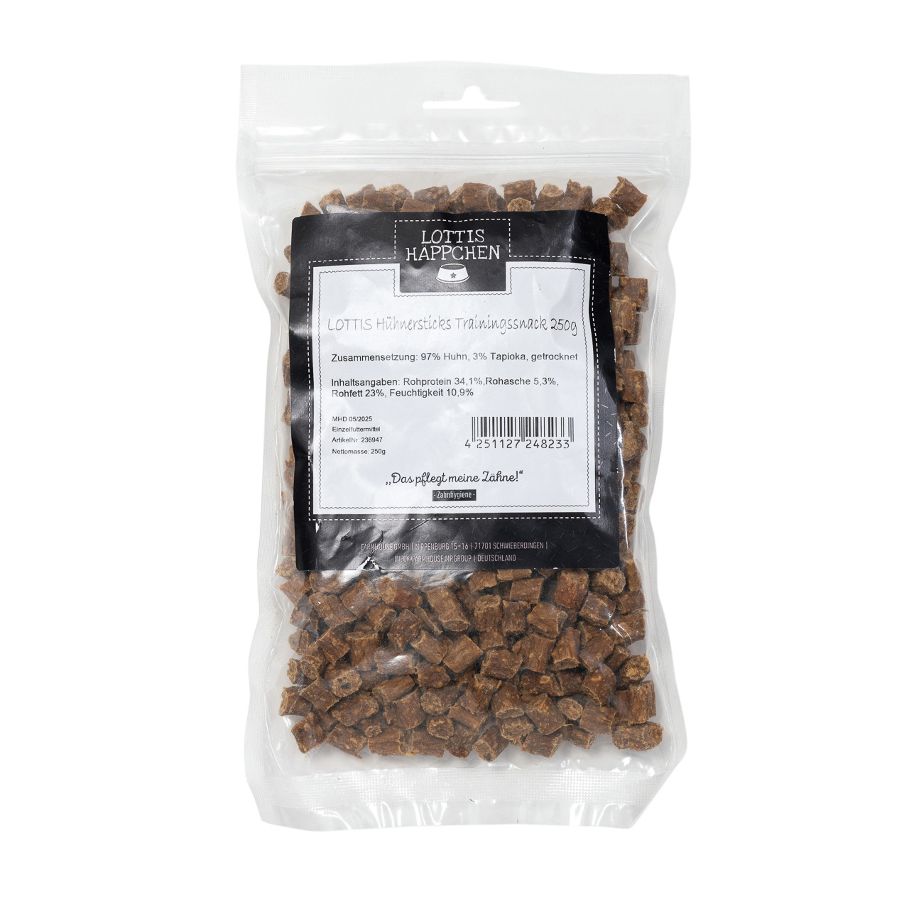 Lottis Häppchen Hühnersticks, Trainingssnack für Hunde, 250 g, 97 % Huhn, Zahnpflege-Snack, fördert Zahngesundheit.