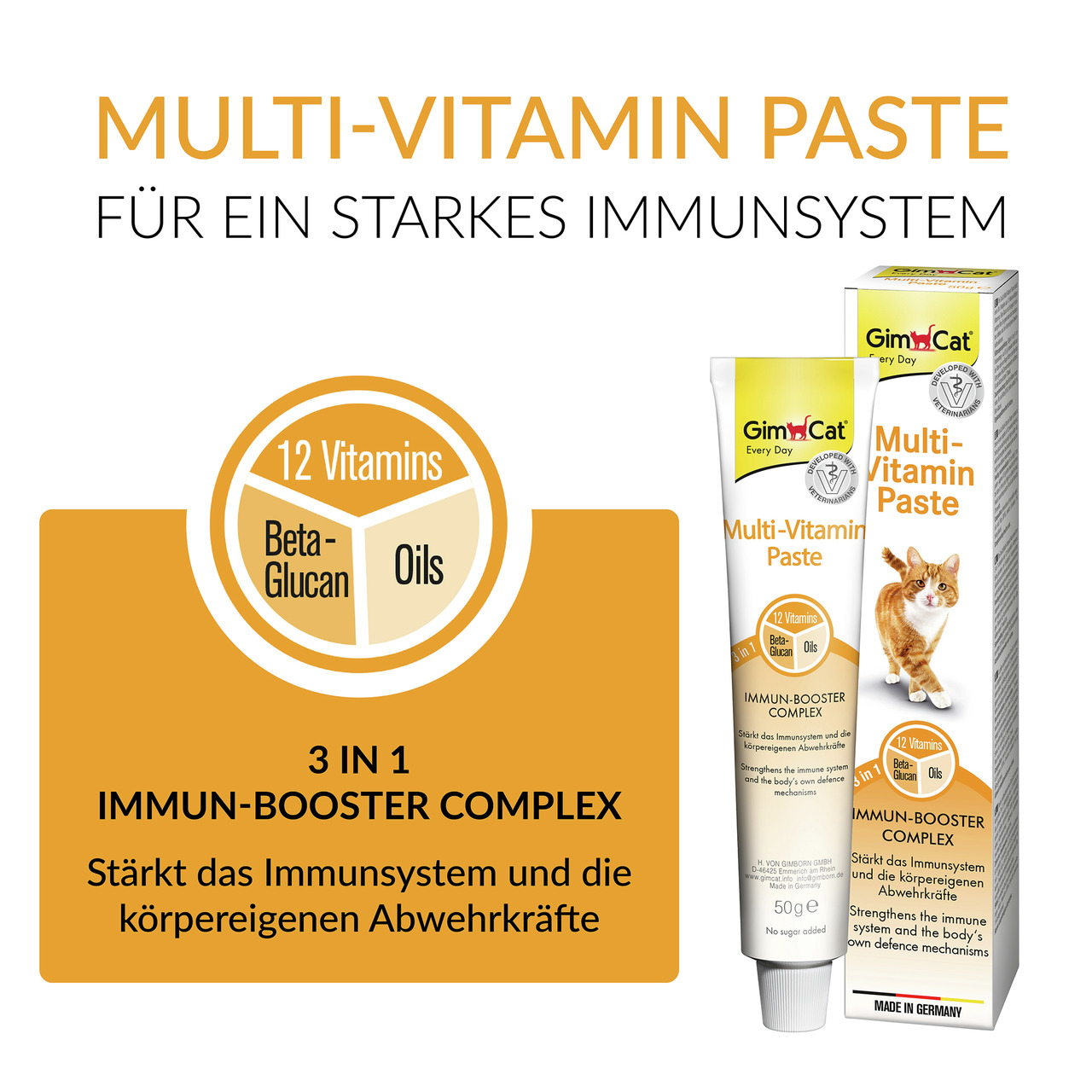 GimCat Multi-Vitamin Paste, Nahrungsergänzung f. Katzen, 12 Vitamine, Beta-Glucan, stärkt Immunsystem, 50 g, geeignet f. alle Katzen.