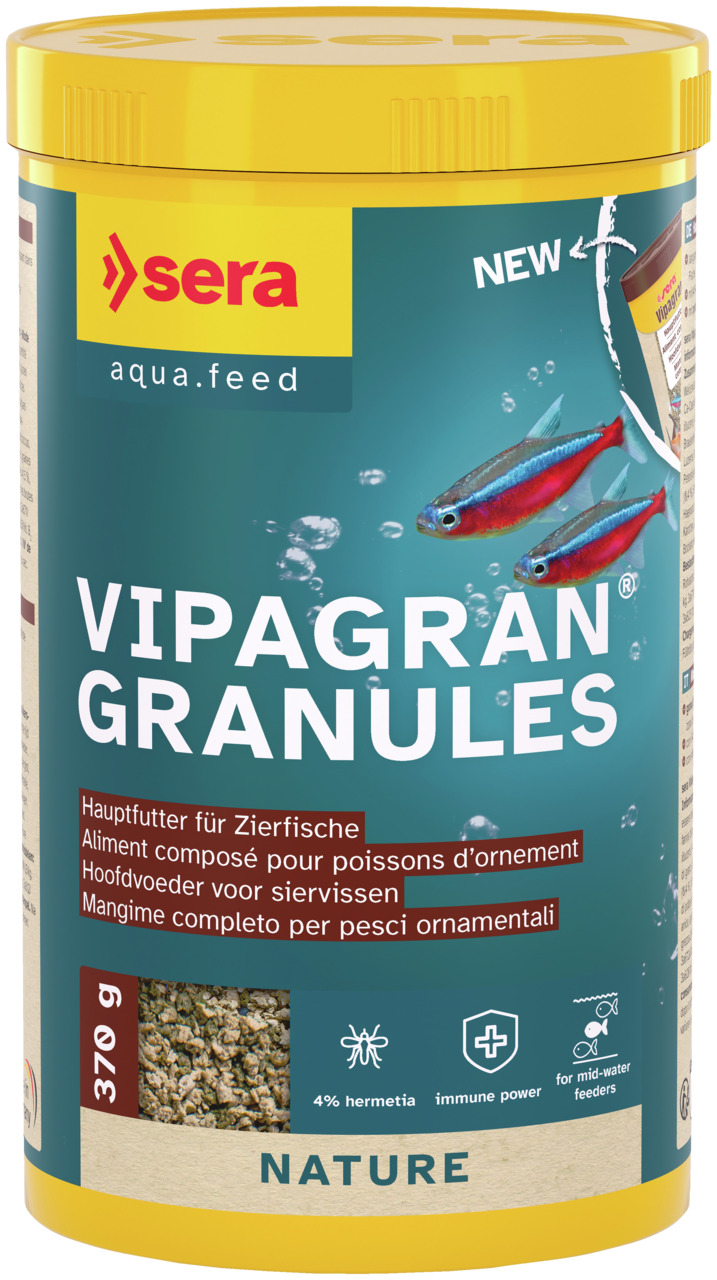 sera Vipagran Nature, Hauptfutter für Zierfische (mittlere Wasserzonen), 370 g, mit 4 % Hermetia, immunstärkend.